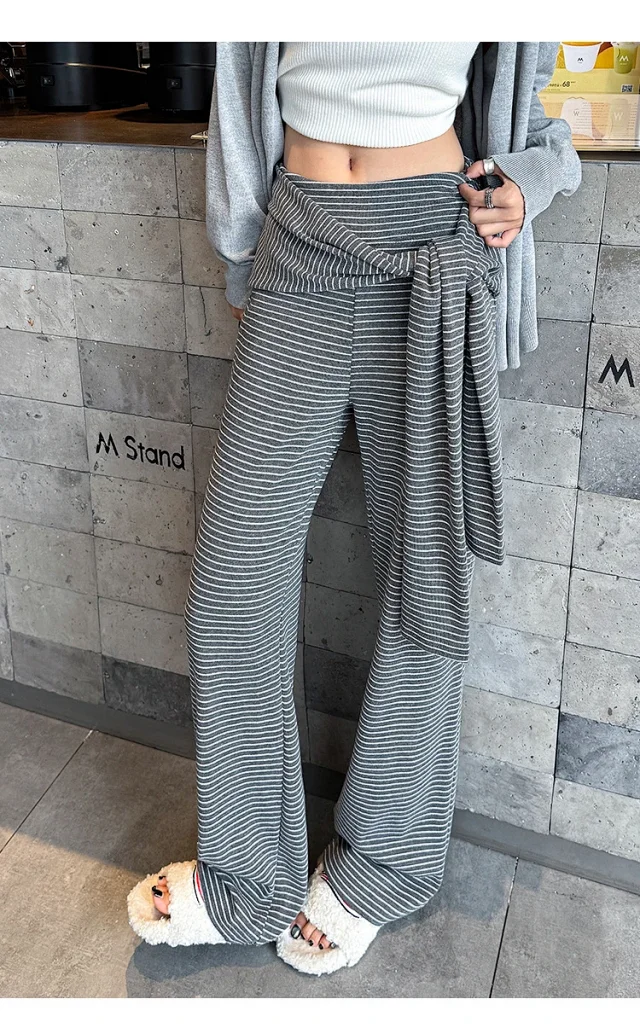 Women's 2025 Autumn Strap Striped Wide - leg Pants Detail