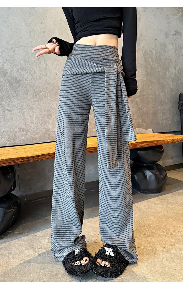 Women's 2025 Autumn Strap Striped Wide - leg Pants Detail