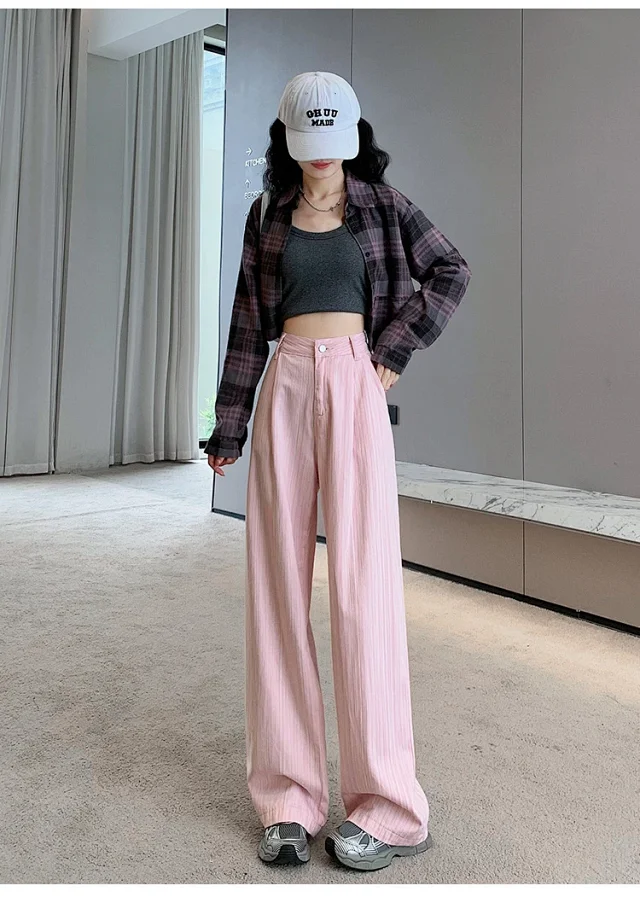 2025 Blue Striped Wide-Leg Pants for Pear-shaped Women Detail