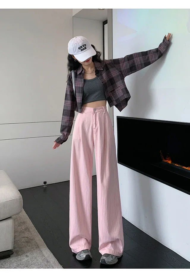 2025 Blue Striped Wide-Leg Pants for Pear-shaped Women Detail