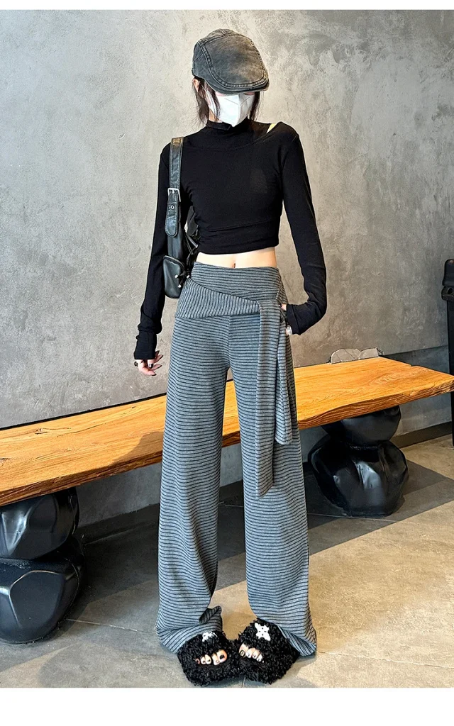 Women's 2025 Autumn Strap Striped Wide - leg Pants Detail