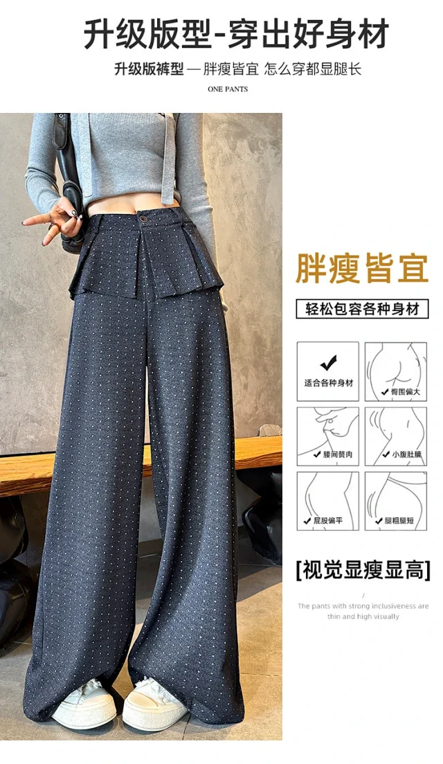 2025 AW Korean Ins Woolen Polka Dot Wide-Leg Pants Detail
