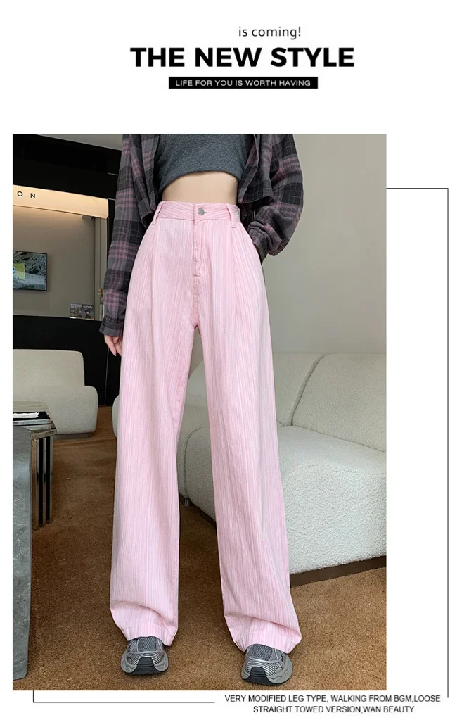 2025 Blue Striped Wide-Leg Pants for Pear-shaped Women Detail