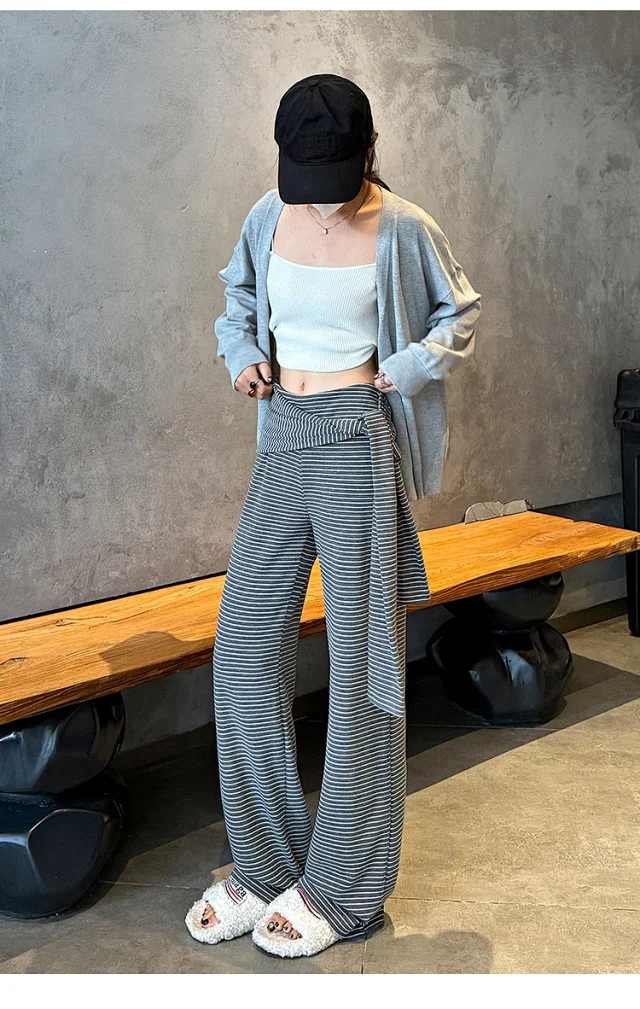 Women's 2025 Autumn Strap Striped Wide - leg Pants Detail