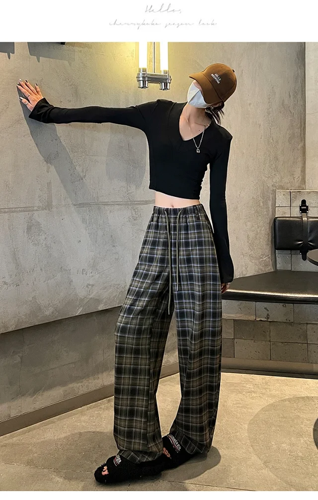 Women's 2025 Fall High-Waist Drawstring Plaid Pants Detail
