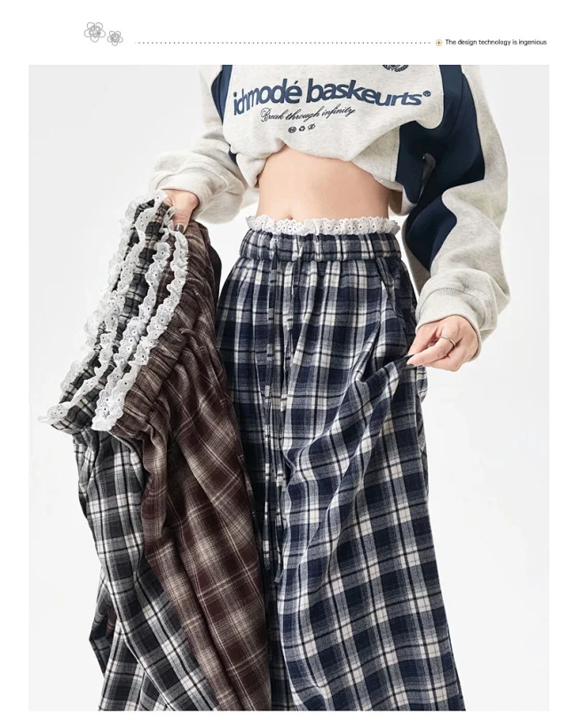 Lace Trimmed Plaid Wide-Leg Pants for Women Detail