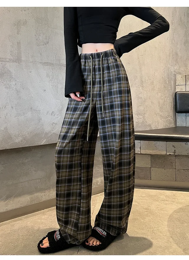 Women's 2025 Fall High-Waist Drawstring Plaid Pants Detail