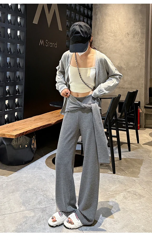 Women's 2025 Autumn Strap Striped Wide - leg Pants Detail