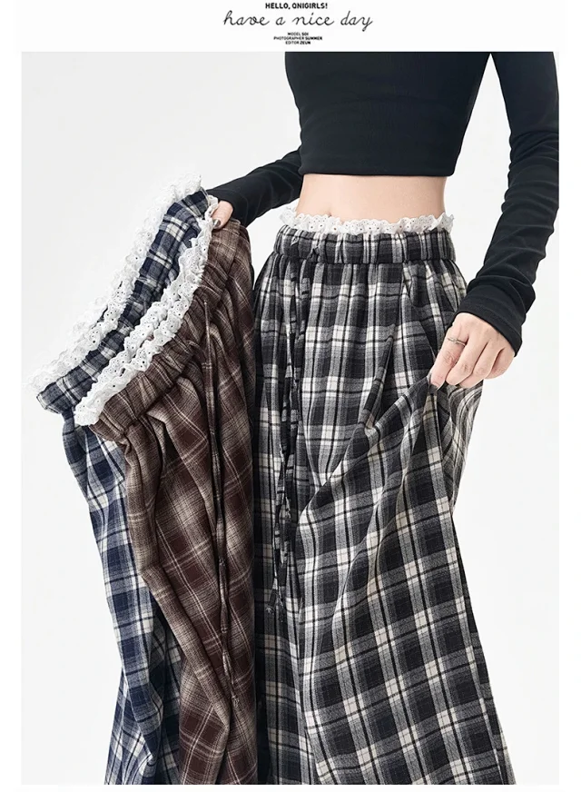 Lace Trimmed Plaid Wide-Leg Pants for Women Detail