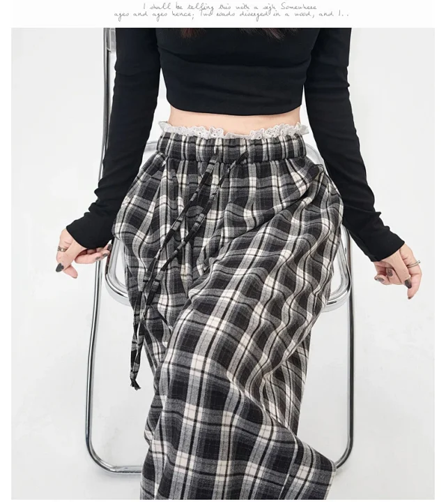 Lace Trimmed Plaid Wide-Leg Pants for Women Detail