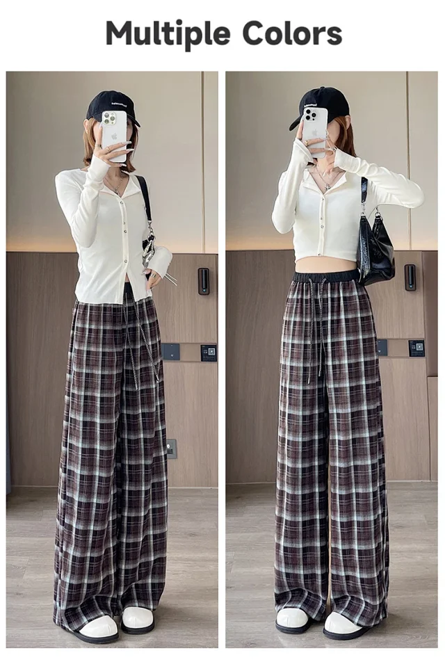 Women's Vintage Plaid Loose High-Waist Pants Detail