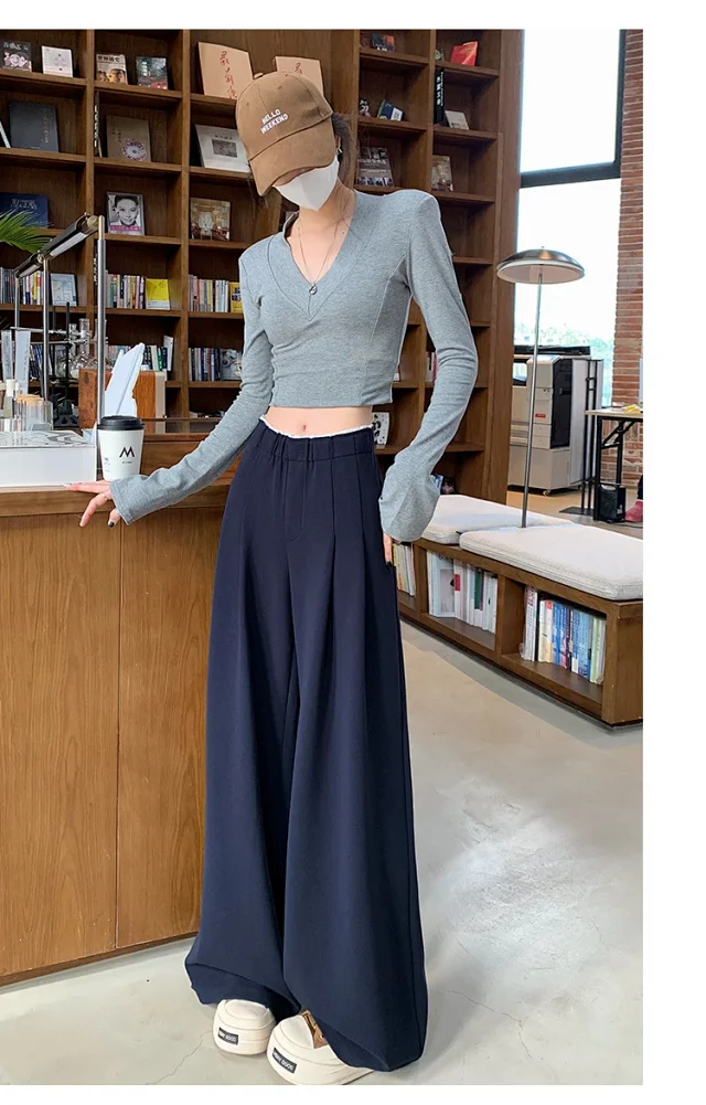 Navy Wide-Leg Pants for Women Detail