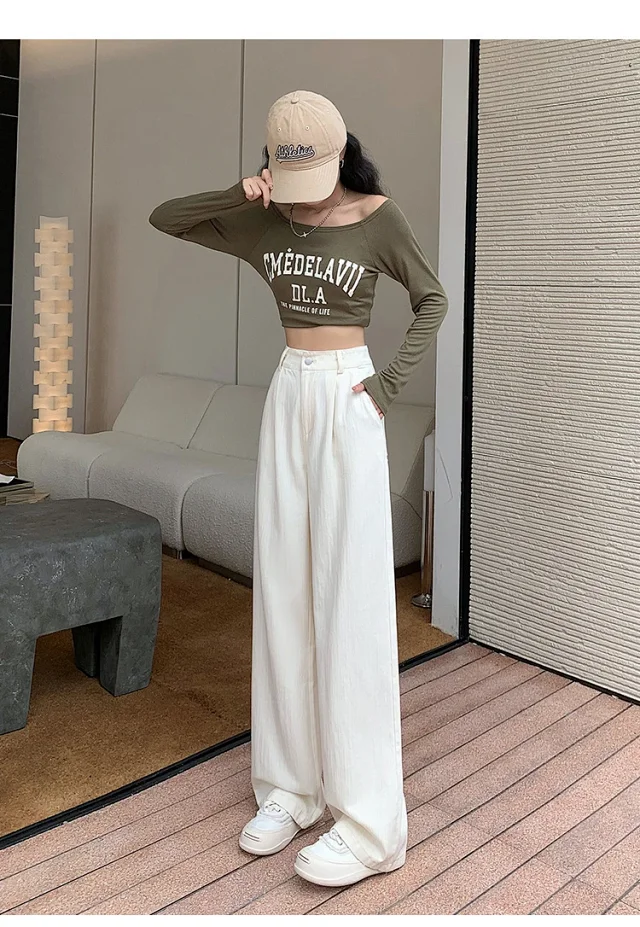 2025 Blue Striped Wide-Leg Pants for Pear-shaped Women Detail