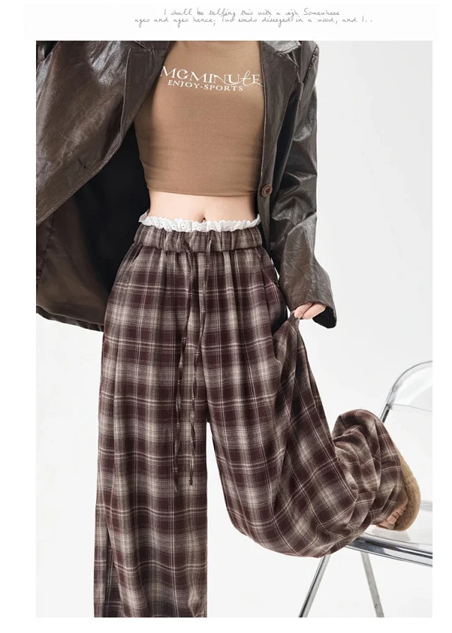 Lace Trimmed Plaid Wide-Leg Pants for Women Detail