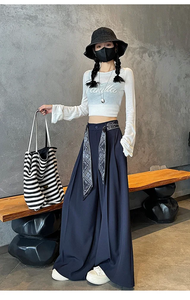 2025 Women's Silk-belted Drapey Wide-leg Pants Detail