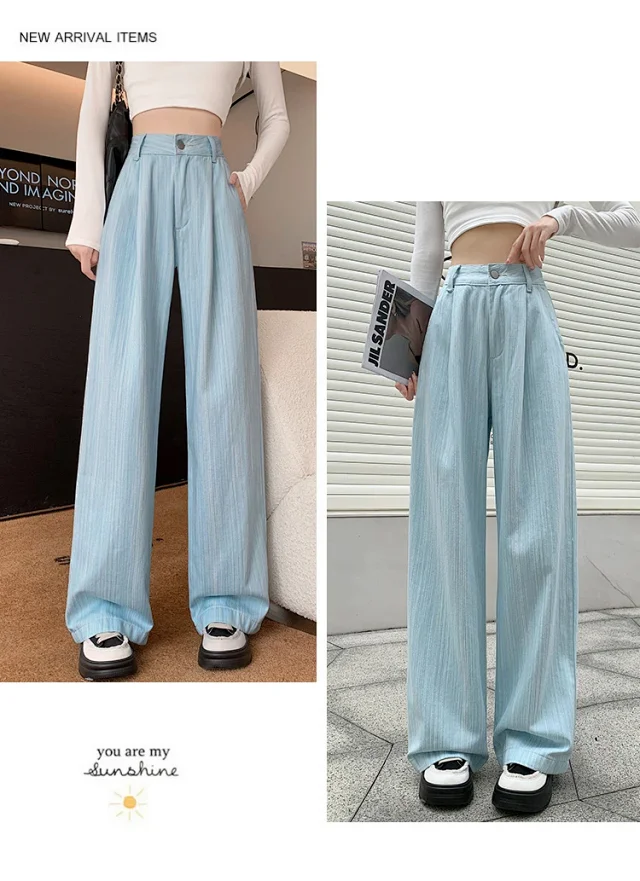 2025 Blue Striped Wide-Leg Pants for Pear-shaped Women Detail