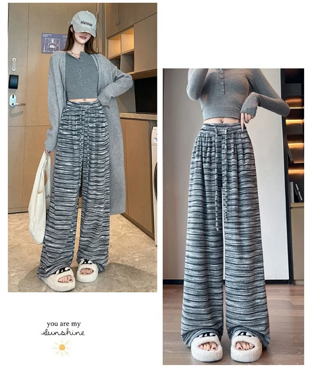 Autumn Winter New Lazy Snowflake Striped High - Waisted Wide - Leg Pants Detail