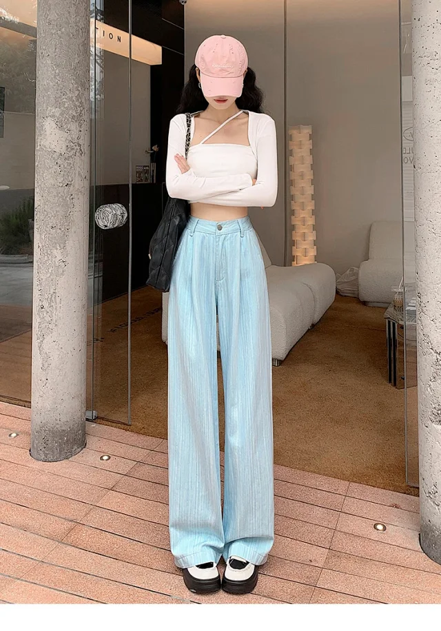 2025 Blue Striped Wide-Leg Pants for Pear-shaped Women Detail
