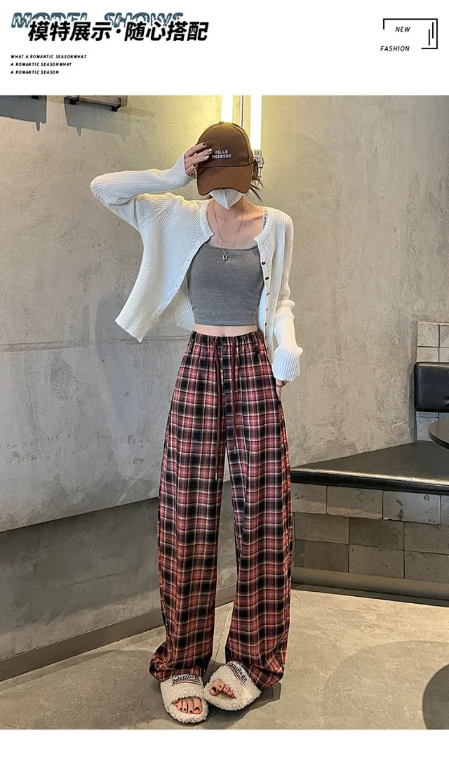 Women's 2025 Fall High-Waist Drawstring Plaid Pants Detail