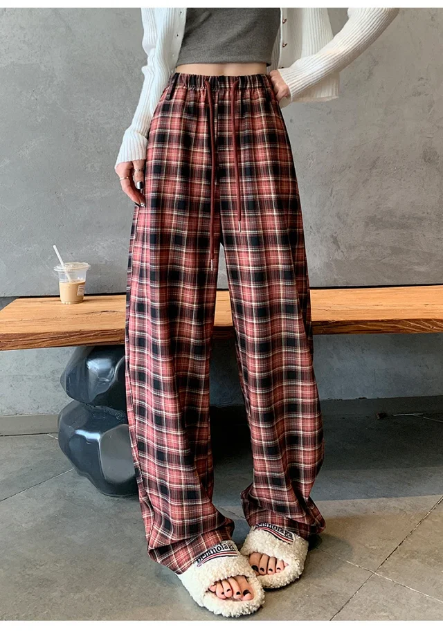 Women's 2025 Fall High-Waist Drawstring Plaid Pants Detail