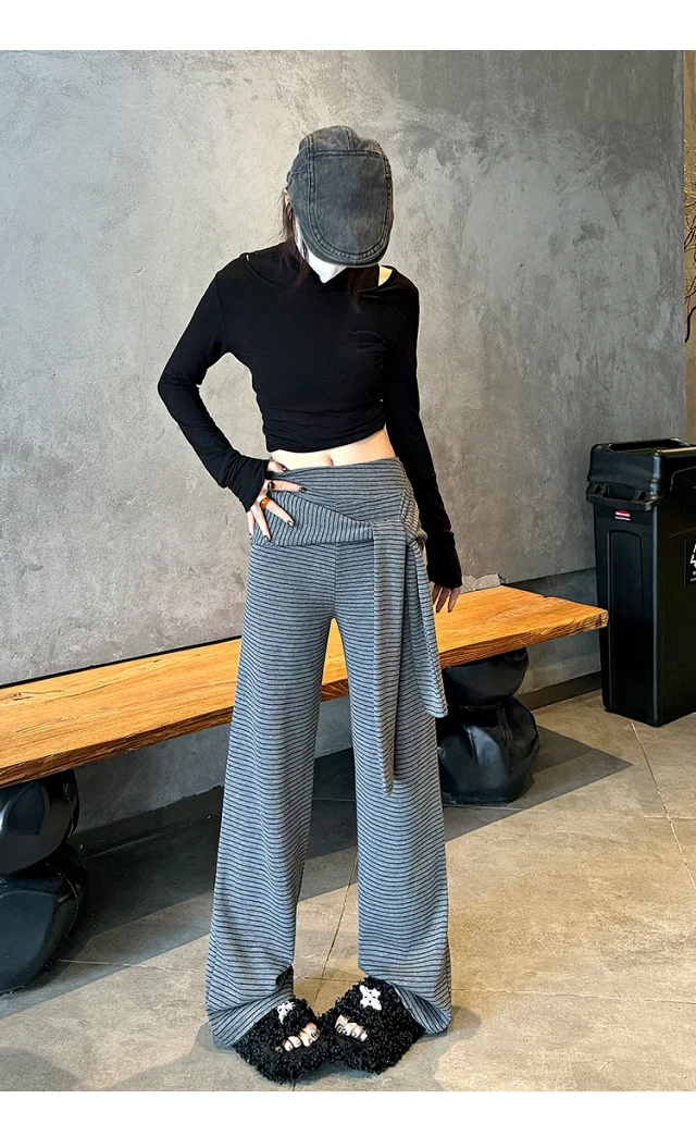 Women's 2025 Autumn Strap Striped Wide - leg Pants Detail