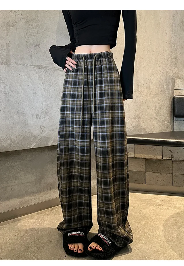 Women's 2025 Fall High-Waist Drawstring Plaid Pants Detail