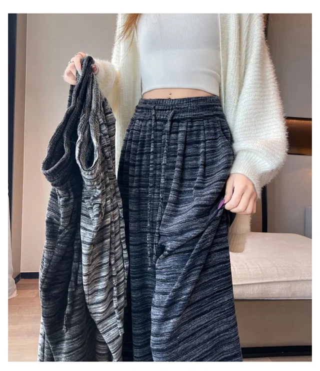 Autumn Winter New Lazy Snowflake Striped High - Waisted Wide - Leg Pants Detail