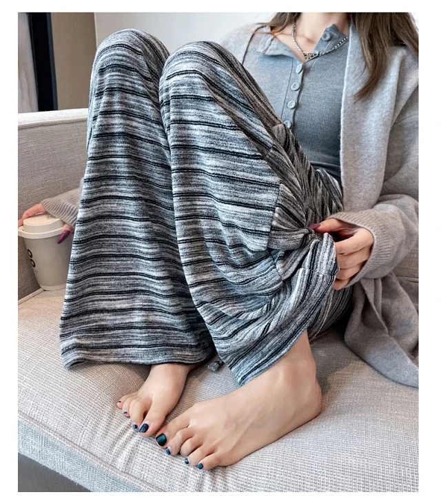 Autumn Winter New Lazy Snowflake Striped High - Waisted Wide - Leg Pants Detail