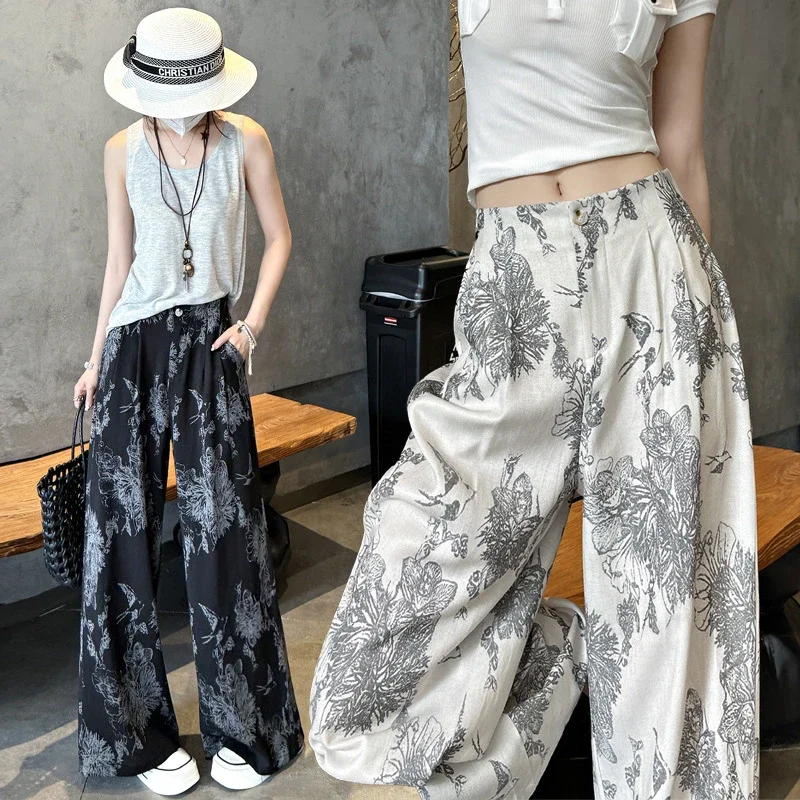 Vintage Ink Print Linen Pants
