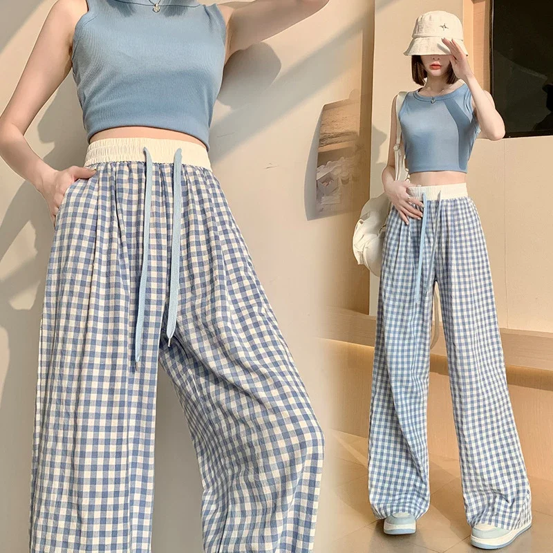 2025 Summer Thin High - waisted Retro Plaid Wide - leg Pants