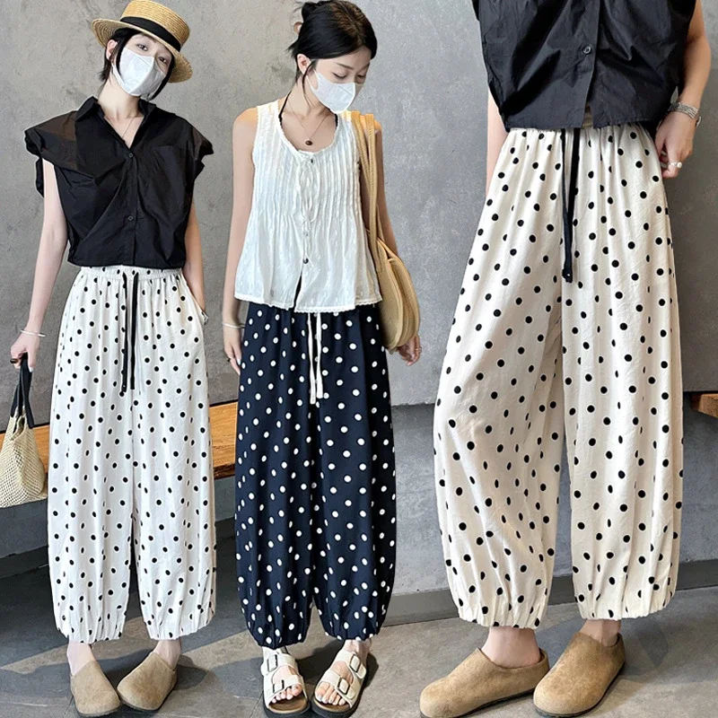 Women's Summer Ice Silk Polka Dot Cotton-Linen Pants