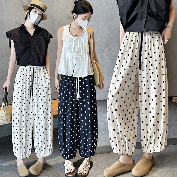 Women's Summer Ice Silk Polka Dot Cotton-Linen Pants