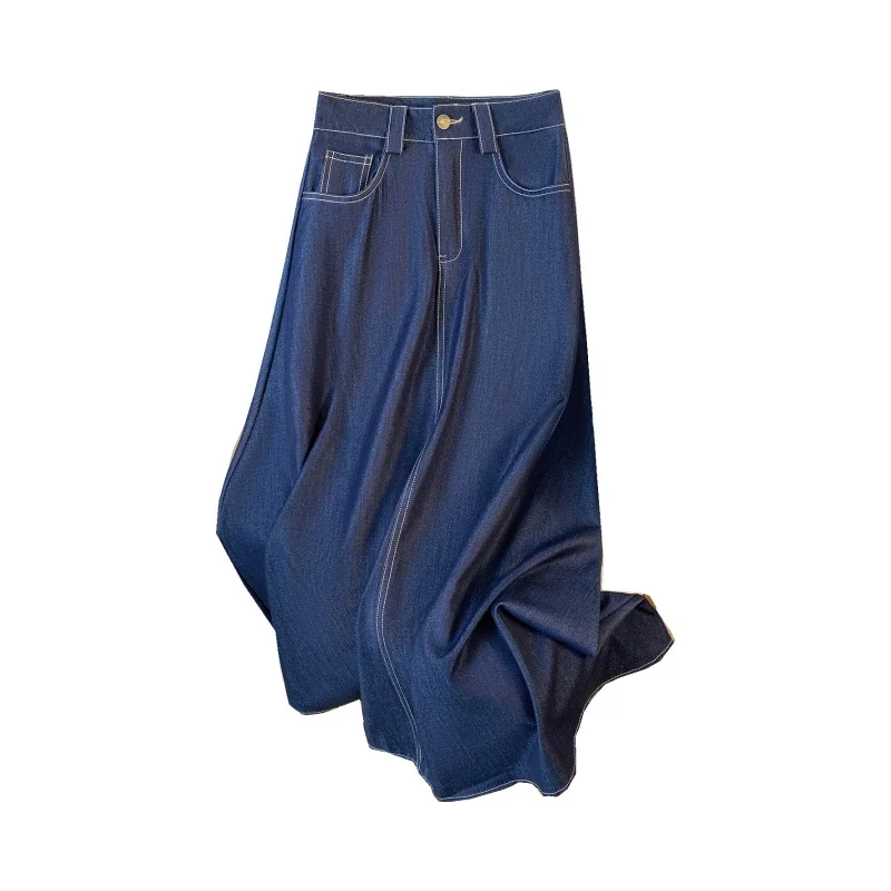 Denim Blue 2025 Tencel Denim Midi A-Line Skirt