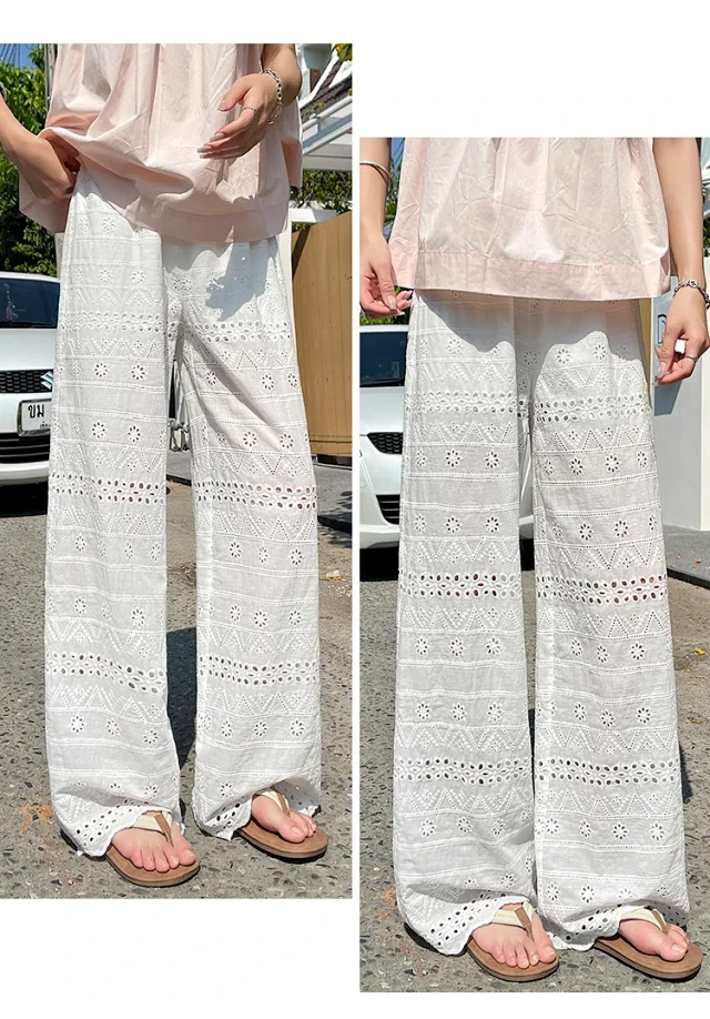 White Lace Hollow-out Women's Wide-leg Pants Detail