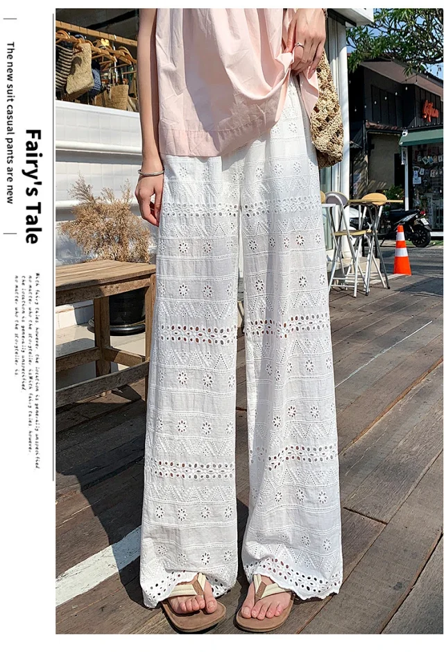 White Lace Hollow-out Women's Wide-leg Pants Detail