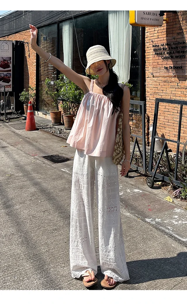White Lace Hollow-out Women's Wide-leg Pants Detail