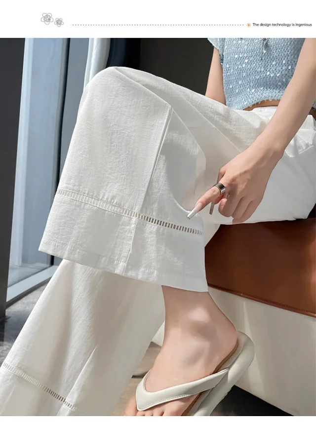 Women's Ice Silk Linen Hollow Wide-leg Pants Detail