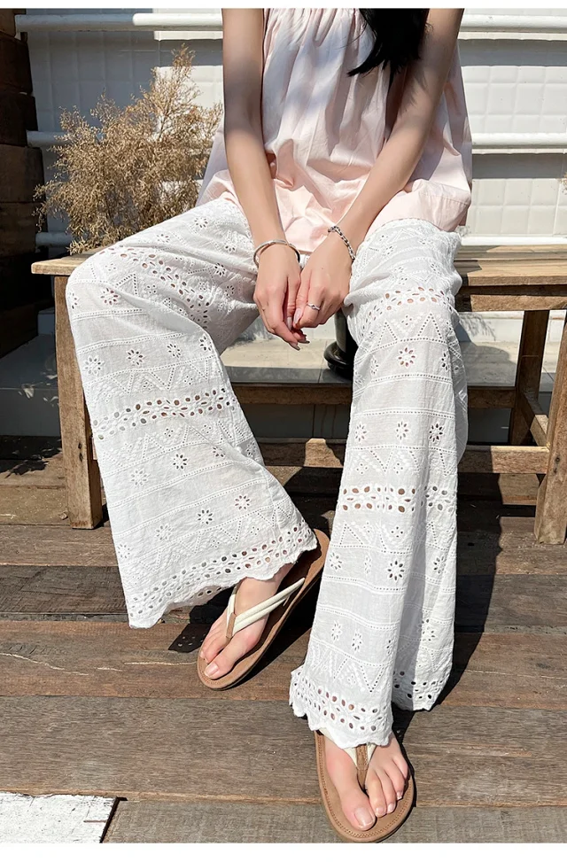 White Lace Hollow-out Women's Wide-leg Pants Detail