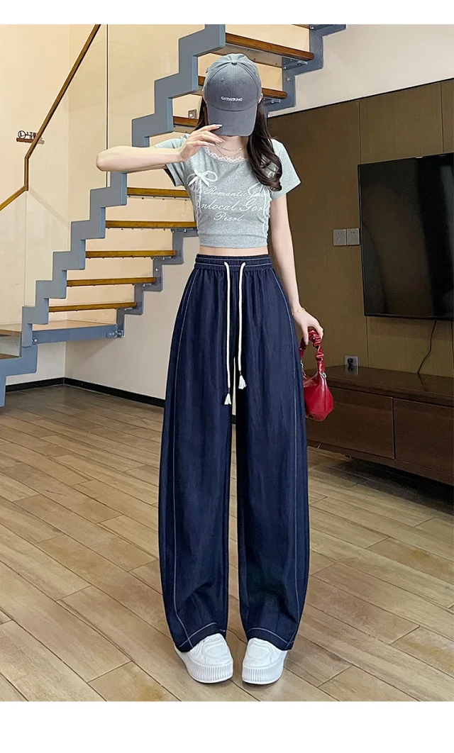 2025 Summer Women's Navy Tencel Wide-Leg Jeans Detail