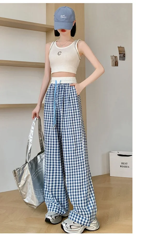 2025 Summer Thin High - waisted Retro Plaid Wide - leg Pants Detail