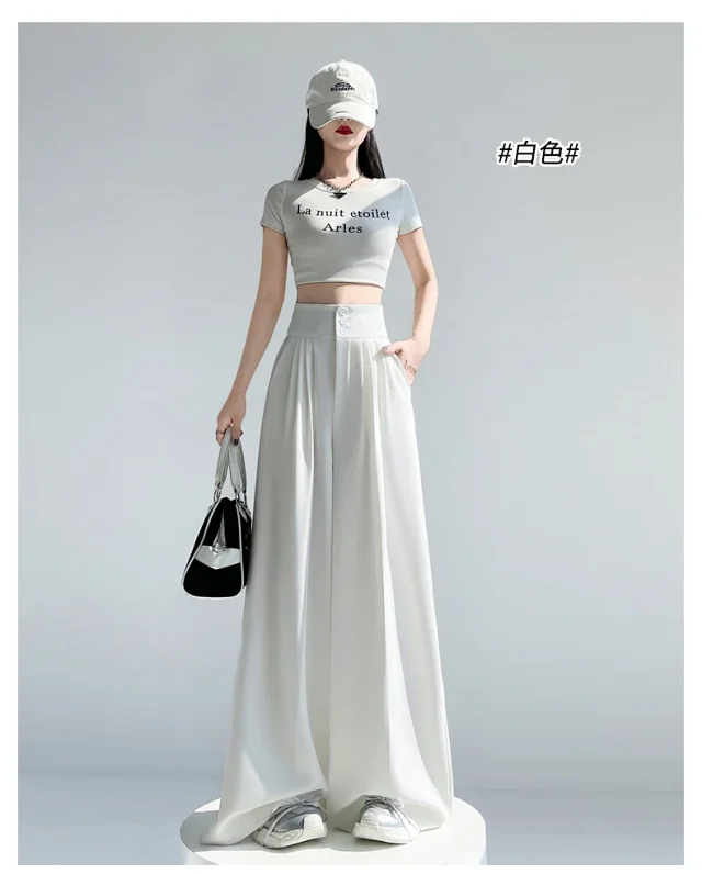 2025 White Wide - leg Ice Silk Trousers for Women Detail