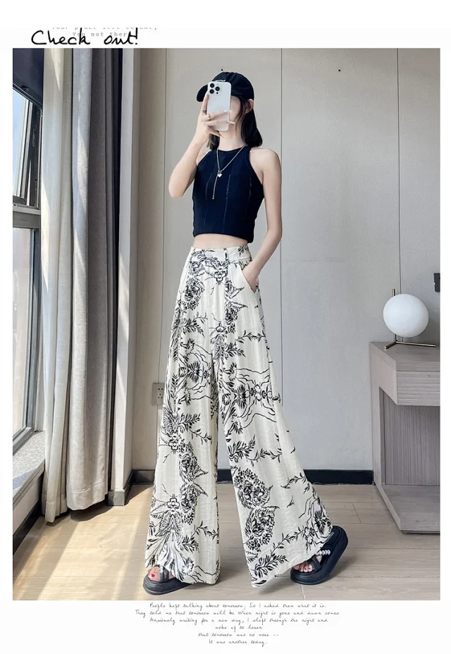 Vintage Floral Linen Wide-Leg Pants Detail