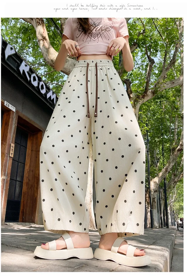 Ice Silk Polka Dot Linen Casual Pants Detail