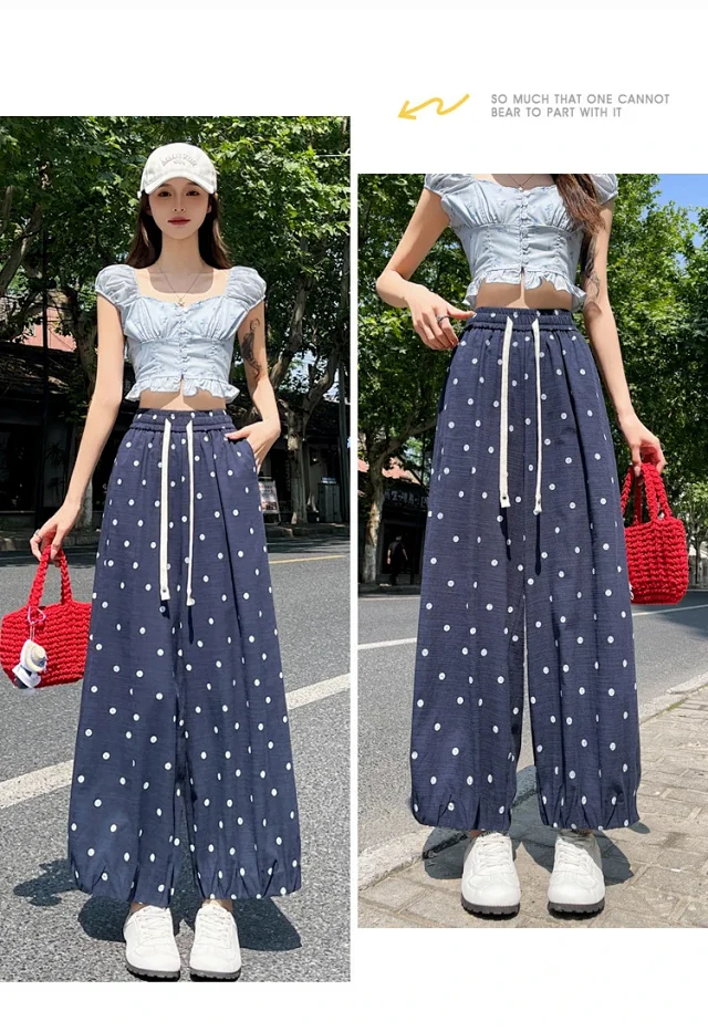 Ice Silk Polka Dot Linen Casual Pants Detail