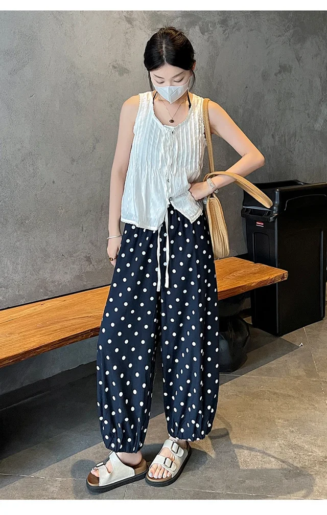 Women's Summer Ice Silk Polka Dot Cotton-Linen Pants Detail