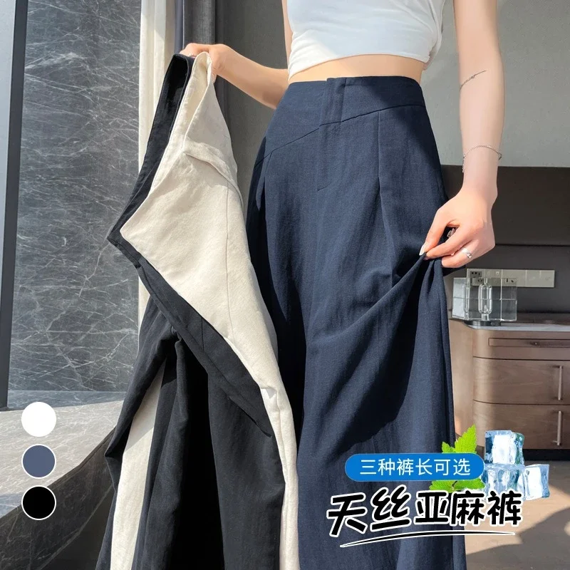 Navy Linen Wide-leg Pants