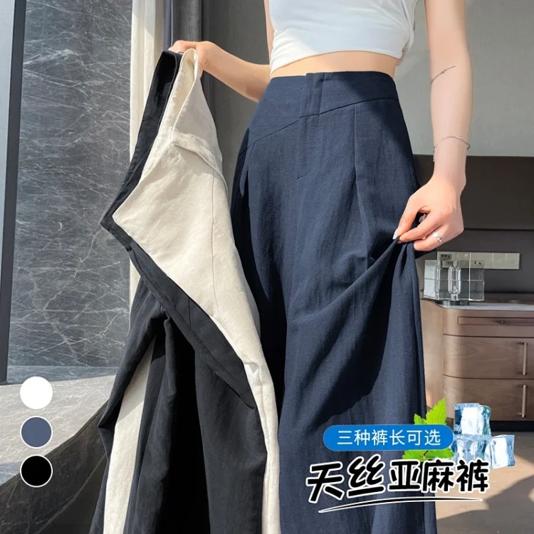 Navy Linen Wide-leg Pants