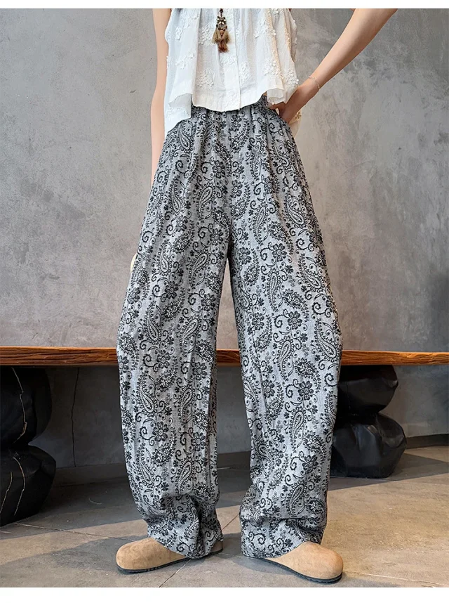 Linen Jacquard Wide-Leg Pants for Women Detail
