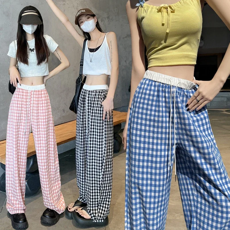 2025 Pink Plaid Wide-Leg Pants for Women