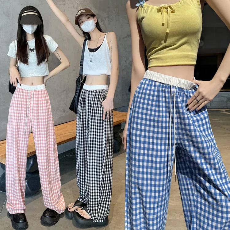 2025 Pink Plaid Wide-Leg Pants for Women